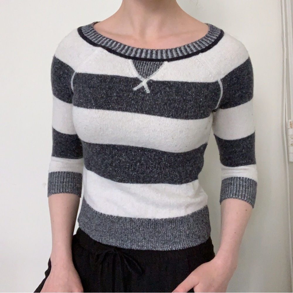 J.Crew merino wool striped sweater navy cream 3/4 sleeve knit nautical fitted